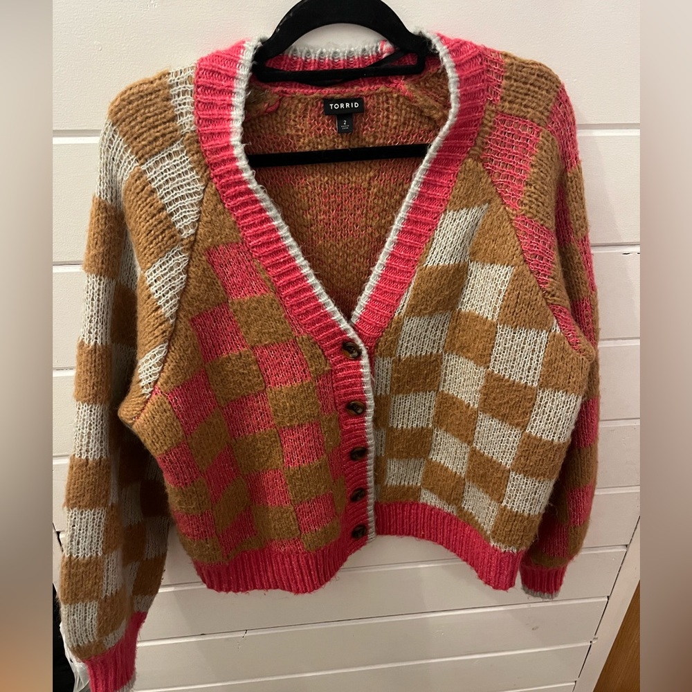 torrid Pink Brown Cream Checkerboard Button Cardigan
